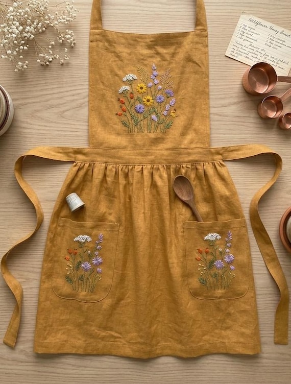 Floral Embroidered Apron For Women, Personalized  Hand-Embroidered Apron, Linen Cotton Apron, Flower Embroidery Linen Apron, Custom Apron