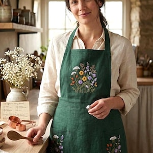 May include: A dark green apron featuring detailed floral embroidery on the chest and two front pockets. The embroidery depicts a variety of colorful wildflowers in shades of yellow, purple, and white, with green stems and leaves stitched onto the fabric.