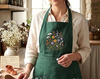 Floral Embroidered Apron for Women, Personalized Hand-embroidered