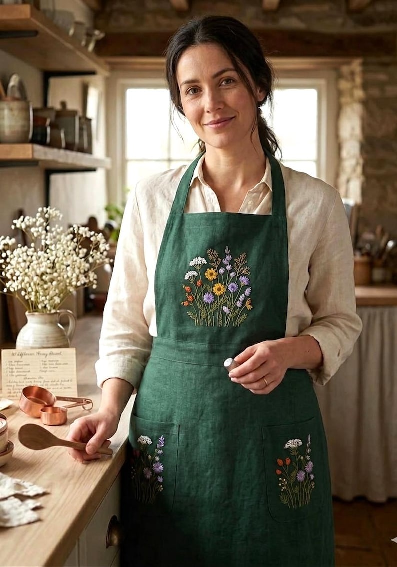 May include: A dark green apron featuring detailed floral embroidery on the chest and two front pockets. The embroidery depicts a variety of colorful wildflowers in shades of yellow, purple, and white, with green stems and leaves stitched onto the fabric.