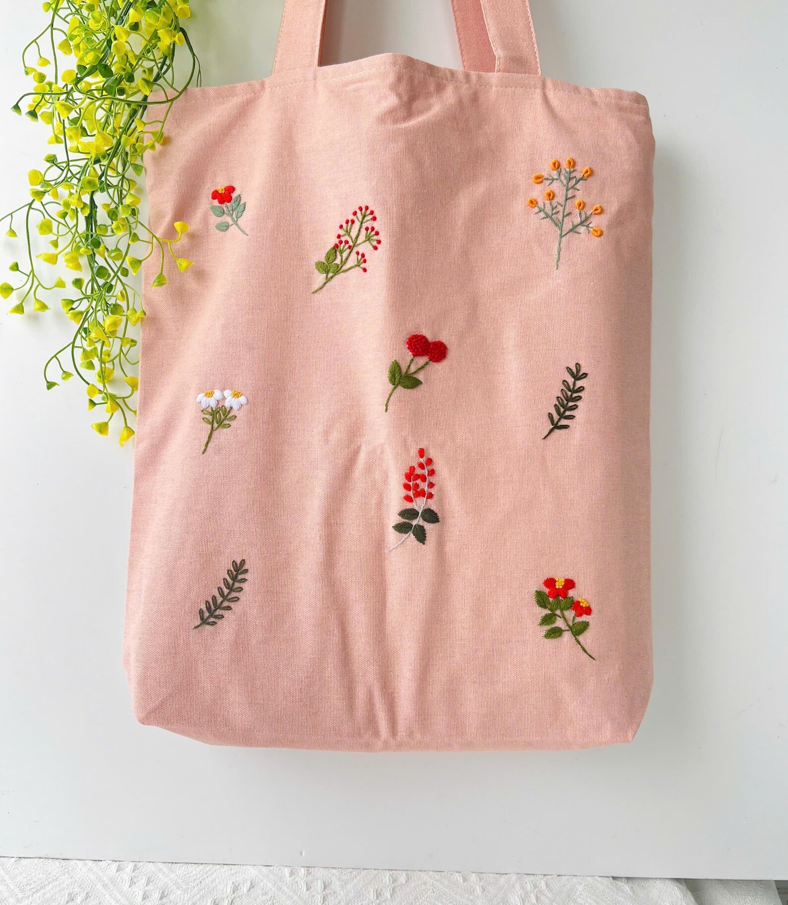 Floral Embroidered Linen Tote Bag With Pocket, Wild Flower Tote Bag ...