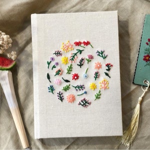 Hand Embroidered Notebook And Bookmark, Handmade Linen Notebook, Custom Floral Embroidered Journal, Fabric cover, Personalized Notebook