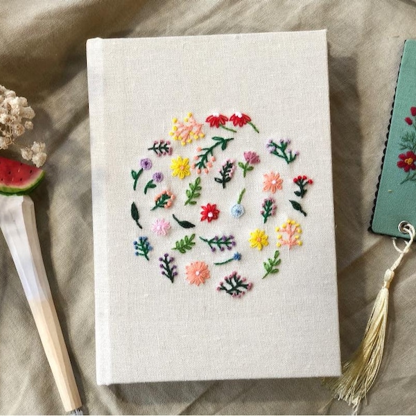 Hand Embroidered Notebook And Bookmark, Handmade Linen Notebook, Custom Floral Embroidered Journal, Fabric cover, Personalized Notebook