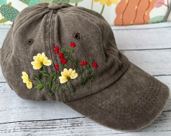 Custom Floral Hand Embroidered Baseball Cap, Wash Cotton Hat, Personalized Embroidered Denim Cap, Hat For Women, Summer Hat