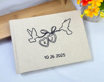 Custom Hand Embroidered Guest Book, Photo Album, Birds And Lockets, Heart Arrow, Linen Wedding Guest Book, Memory Book, Handmade Notebook