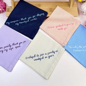 Personalized Hand Embroidered Handkerchiefs, Custom Linen Wedding Handkerchief, Something Blue, Handwritten Handkerchief, Wedding Gift