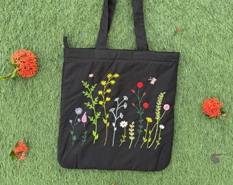 Flower Garden Embroidered Tote Bag, Floral Design Shoulder Bag