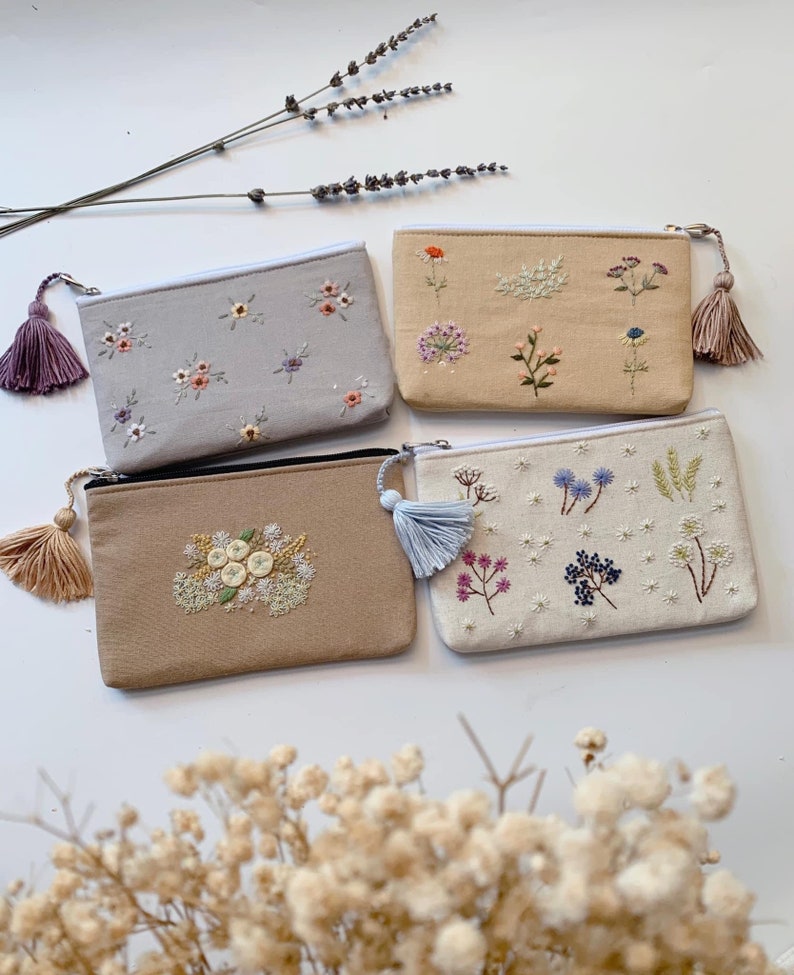 Personalized Hand Embroidered Flower Pouch, Rose Linen Wallet, Handmade Makeup Bag, Bridesmaid Gift, Linen Coin Purse, Rose Embroidery Bag image 2