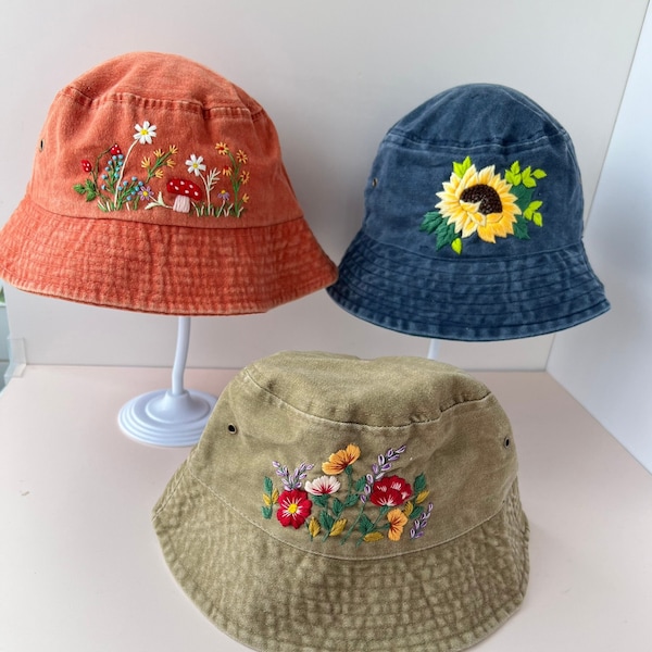 Bob brodé main floral personnalisé, Bob brodé marguerite, Chapeau en coton délavé, Chapeau d'été fait main, Chapeau pour femme, Bob personnalisé