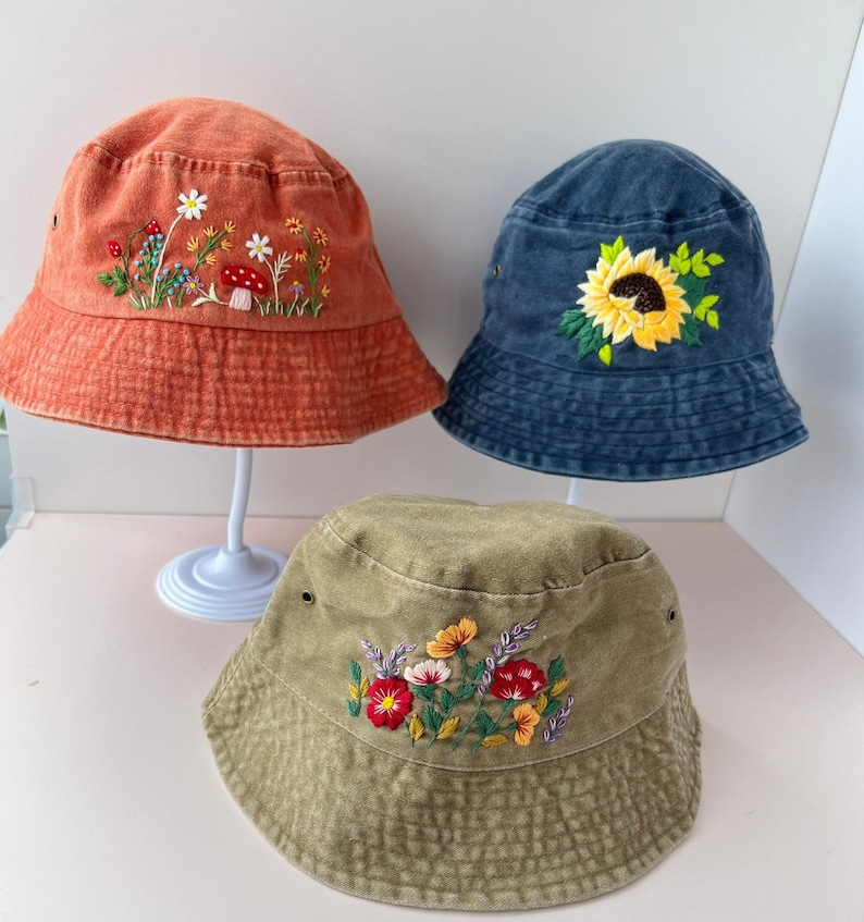 Custom Hand Embroidery Floral Bucket Hat, Daisy Embroidered Bucket, Wash Cotton Hat, Handmade Summer Hat, Hat For Women, Custom Bucket Hat image 1