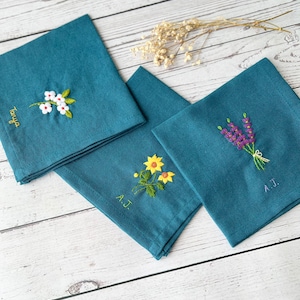 Custom Embroidered Handkerchiefs, Personalized Linen Embroidered Handkerchief, Wild Flower Handkerchief, Lavender Handkie, Sunflower Hankie