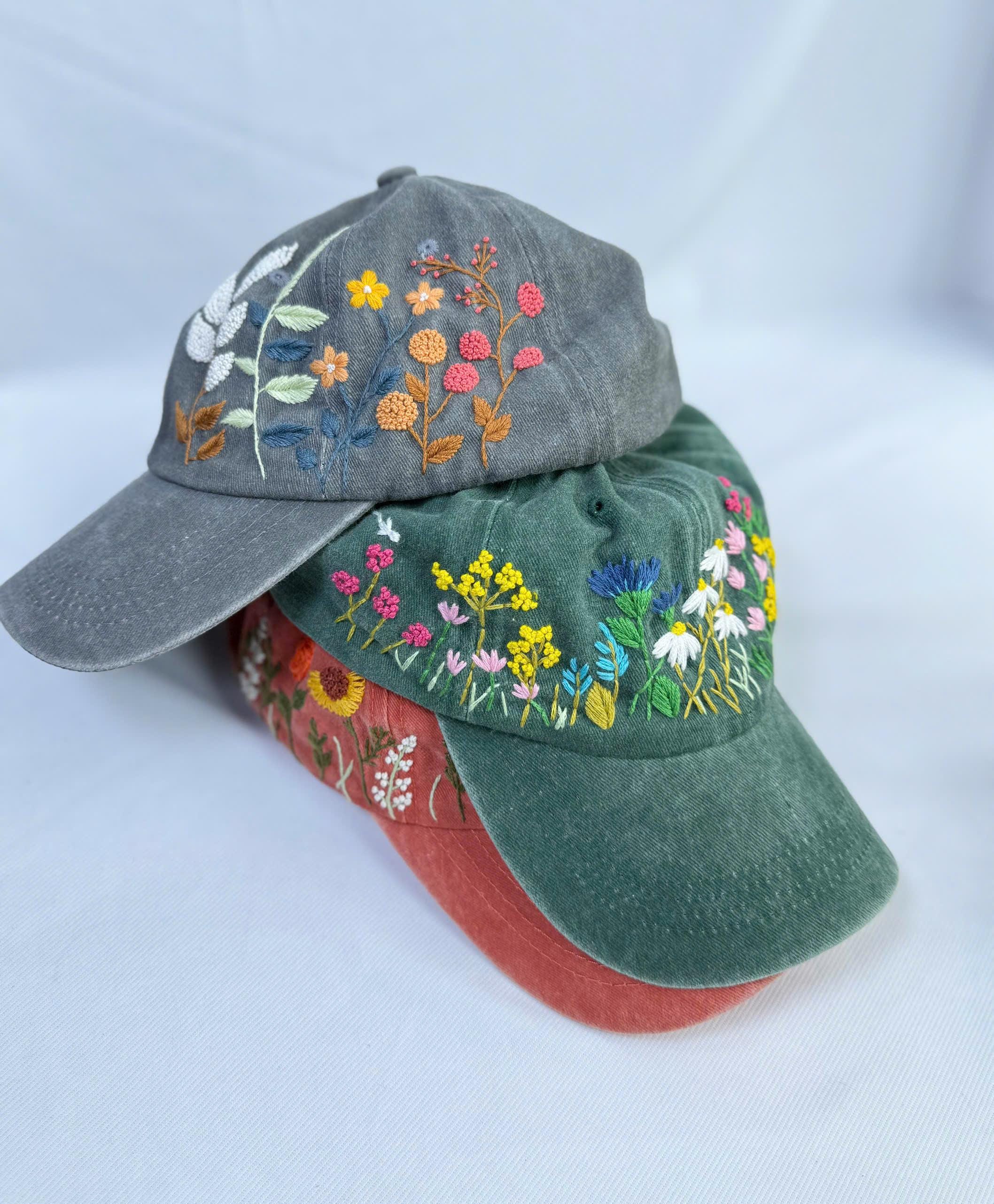 ワイルドフラワーの手刺繍帽子、デイジー刺繍野球帽、ウォッシュ