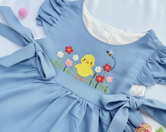 Vestito in lino con pulcino carino e fiori, vestito in lino morbido ricamato a mano per bambine, vestito per bambini, abbigliamento floreale per bambini, vestito per neonati, vestito per compleanno