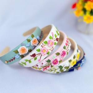 Hand besticktes Stirnband, Blumenstickerei Turban, Leinen Haarband, Leinen Haarschmuck, bestickter Haarreif, besticktes Frauen Stirnband