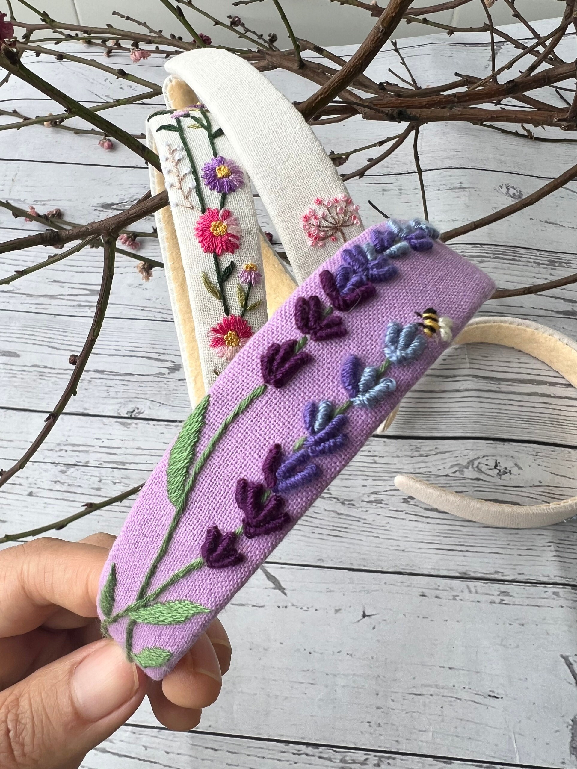 Hand Embroidered Headband, Rose Headband, Lavender Headband  display picture 2