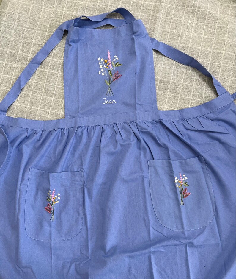 Floral Embroidered Apron For Women, Personalized Hand-Embroidered Apron, Linen Cotton Apron, Flower Embroidery Linen Apron, Custom Apron image 4