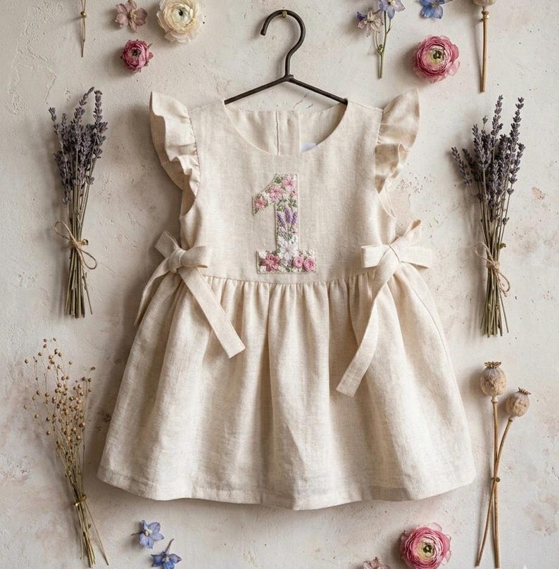 First Birthday Dress, Hand Embroidered Girls Soft Linen Dress, Toddler Linen Dress,Floral Kid Clothing, Baby Dress,Kid Dress,Birthday Outfit image 5