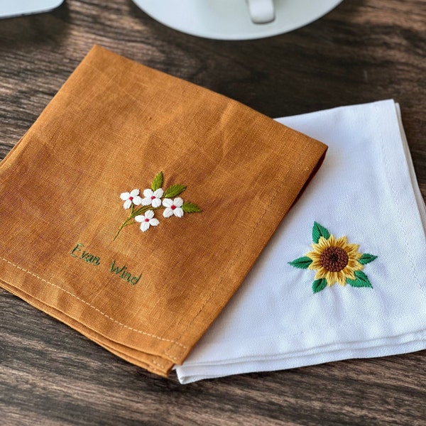 Personalized Handkerchiefs,Linen Embroidered Handkerchief,Wild Flower Handkerchief,Hand Embroidered,Linen Handkerchief,Lavender handkerchief