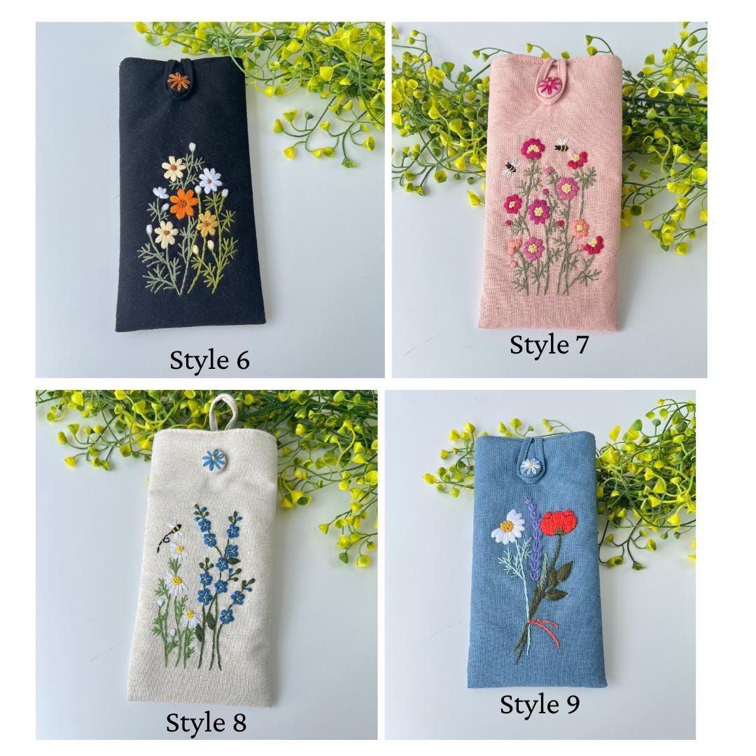 花柄刺繍入り眼鏡ケース、カスタム生地ソフトサングラスケース、手刺繍