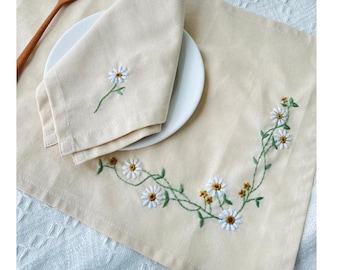 Juego de manteles y servilletas de lino rústico bordado, manteles individuales bordados a mano florales personalizados, servilleta inen bordada, decoración del hogar Boho
