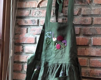 Floral Embroidered Apron For Women, Personalized  Hand-Embroidered Apron, Linen Cotton Apron, Flower Embroidery Linen Apron, Custom Apron