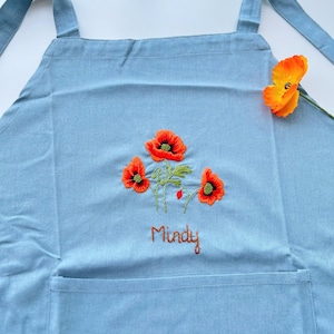Birth Month Flower Hand Embroidered Apron, Hand-Embroidered Apron, Linen Cotton Apron, Flower Embroidery Apron, Personalized Apron