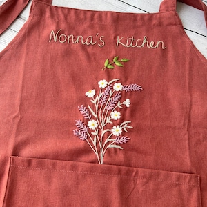 Personalized Embroidered Apron For Women, Hand-Embroidered Apron, Linen Cotton Apron, Flower Embroidery Linen Apron, Custom Apron image 8