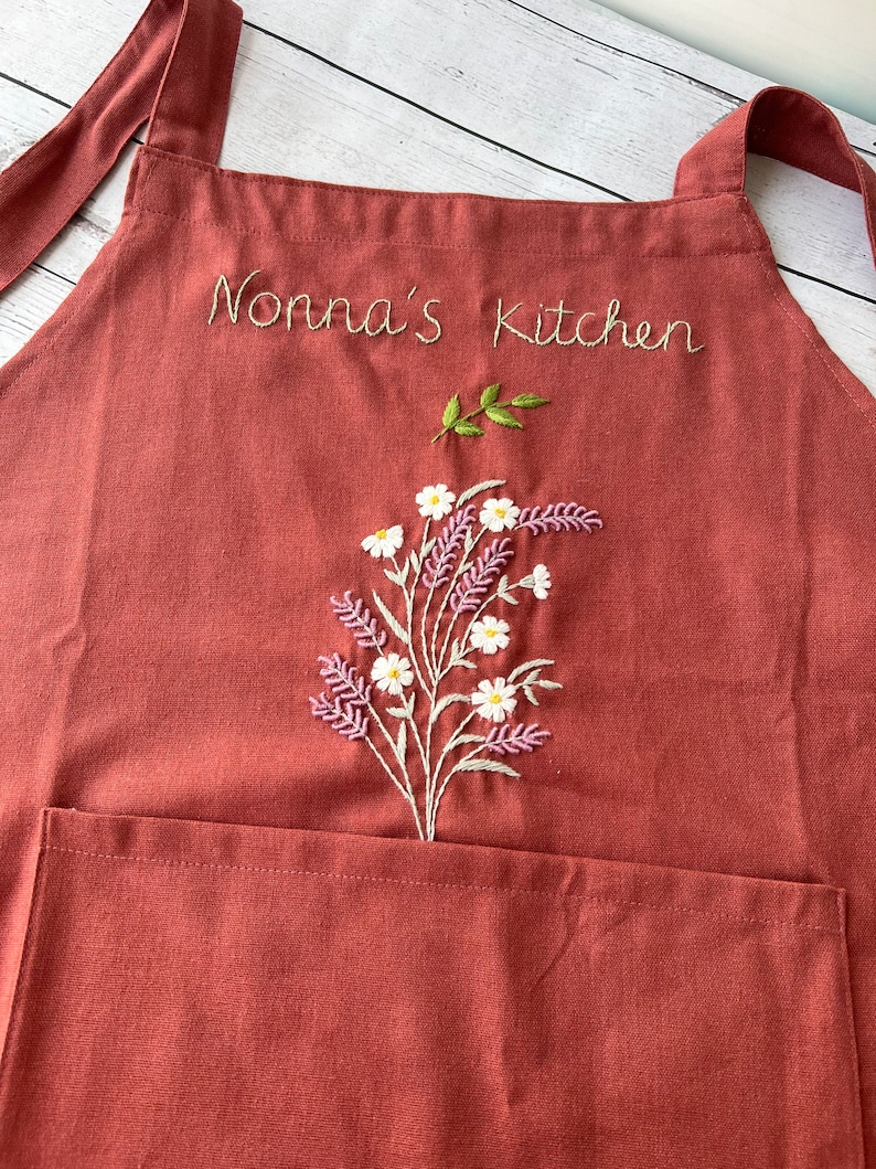 Personalized Embroidered Apron For Women, Hand-Embroidered Apron, Linen Cotton Apron, Flower Embroidery Linen Apron, Custom Apron image 8