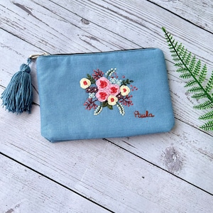 Personalized Hand Embroidered Flower Pouch, Rose Linen Wallet, Handmade Makeup Bag, Bridesmaid Gift, Linen Coin Purse, Rose Embroidery Bag