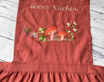 Personalized Hand Embroidered Apron Women, Mushroom Embroidered Apron, Linen Apron, Gardening Apron,Kitchen Apron, Flower Apron,Daisy Apron