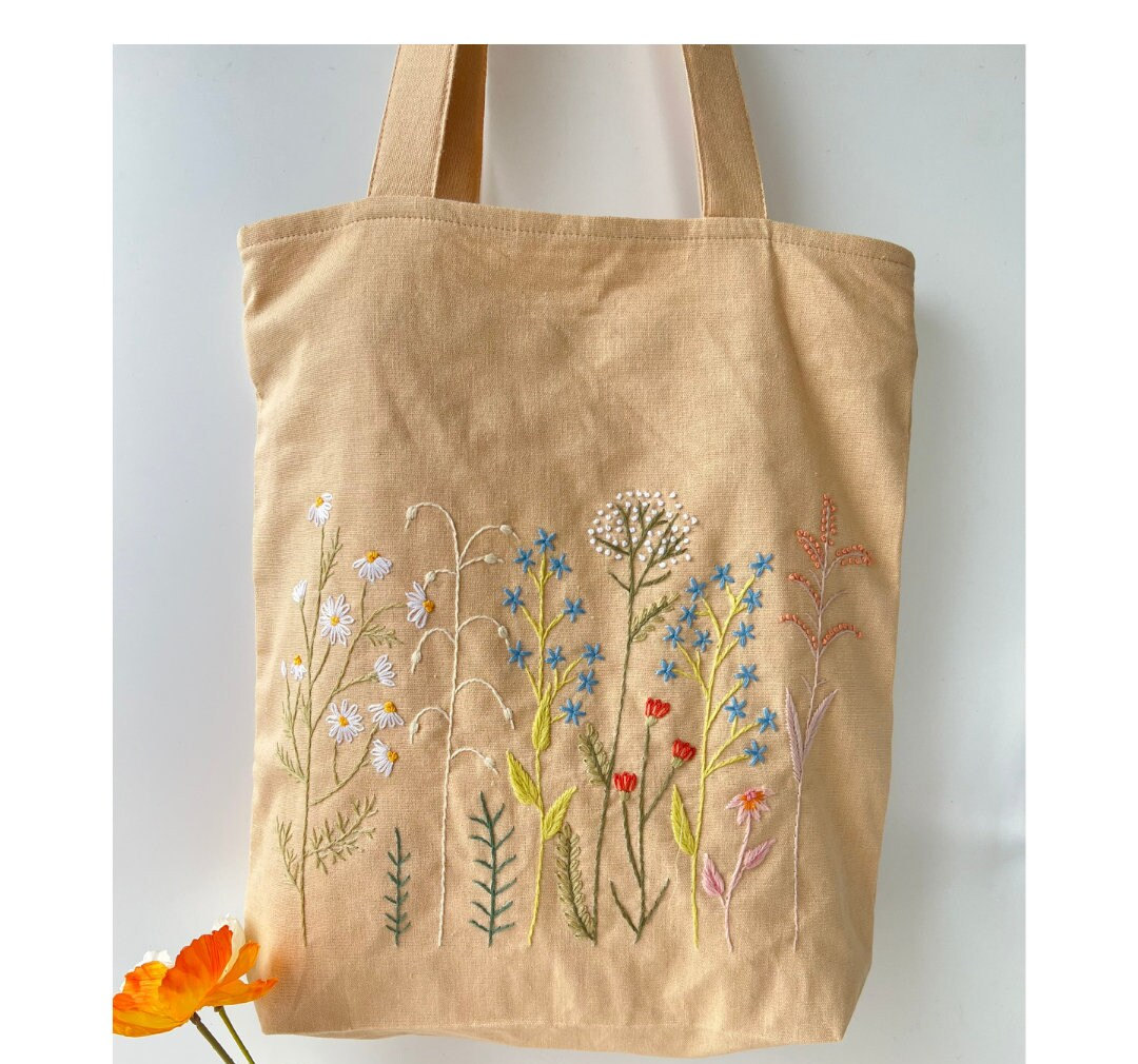 Floral Garden Embroidered Linen Tote Bag With Zipper and Pocket