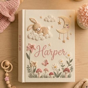 Puede incluir: Libro de recuerdos para beb&eacute;s de color crema con detalles bordados. Presenta un conejito durmiendo sobre una nube, una luna sonriente, estrellas, flores, setas y el nombre "Harper" en escritura rosa. El lomo dice "2026".