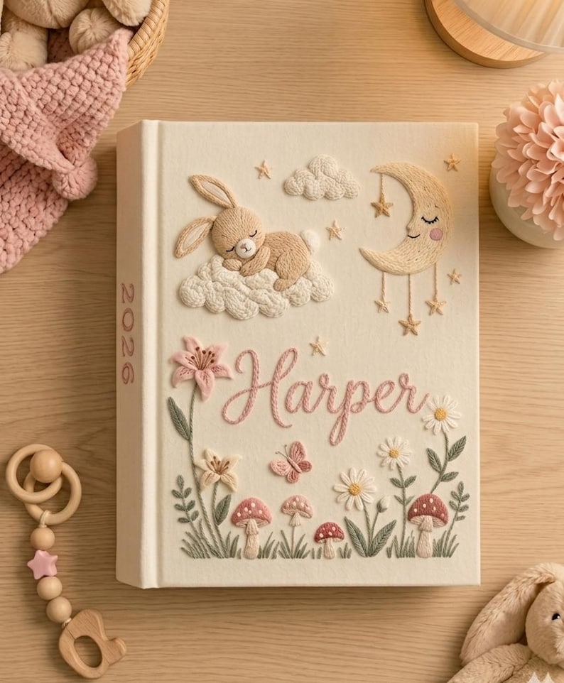 Puede incluir: Libro de recuerdos para beb&eacute;s de color crema con detalles bordados. Presenta un conejito durmiendo sobre una nube, una luna sonriente, estrellas, flores, setas y el nombre "Harper" en escritura rosa. El lomo dice "2026".
