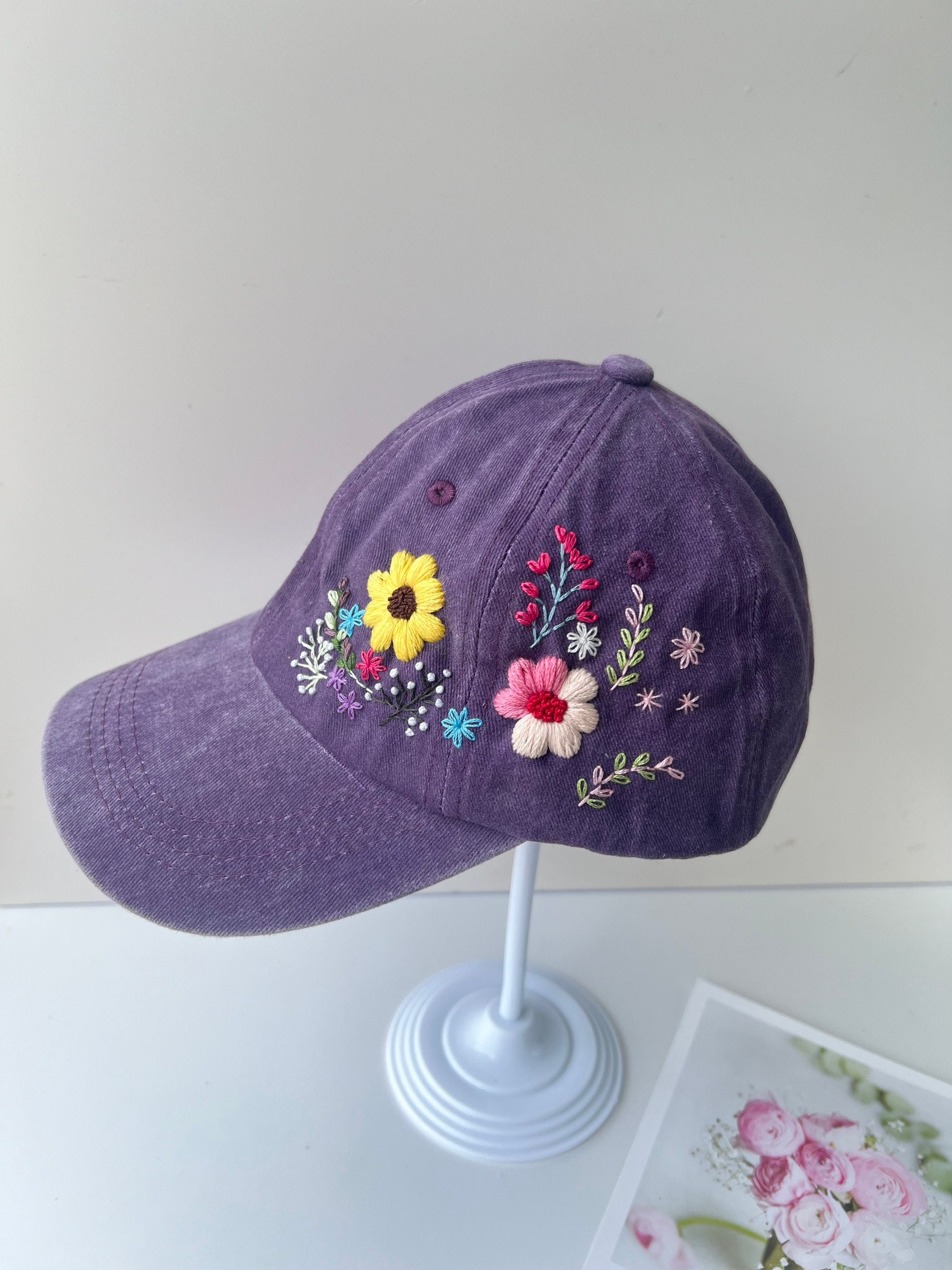Custom Floral Hand Embroidered Baseball Cap, Flower Embroidered Hat ...