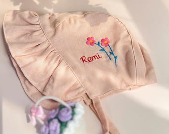 Hand Embroidered Linen Baby Bonnet, Custom Bonnet, Rose Bonnet, Personalized Embroidered Bonnet, Baby Sunbonnet, Neutral Baby Gift