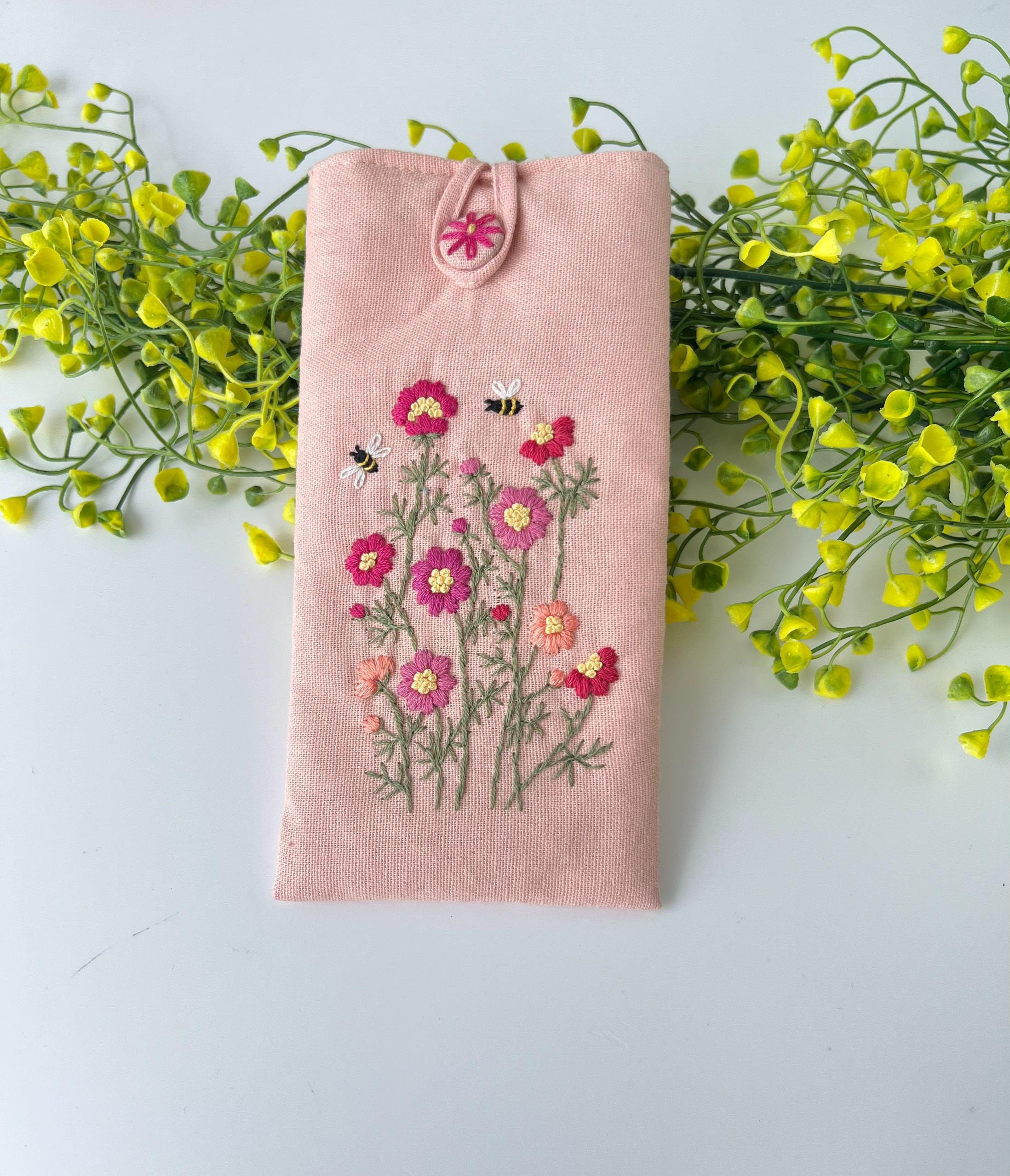 花柄刺繍入り眼鏡ケース、カスタム生地ソフトサングラスケース、手刺繍