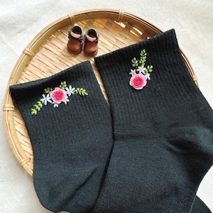 Custom Hand Embroidered Cotton Socks, One Pair Of Socks, Roses Embroidery Socks, Flower Socks, Personalized Socks, Cute Socks