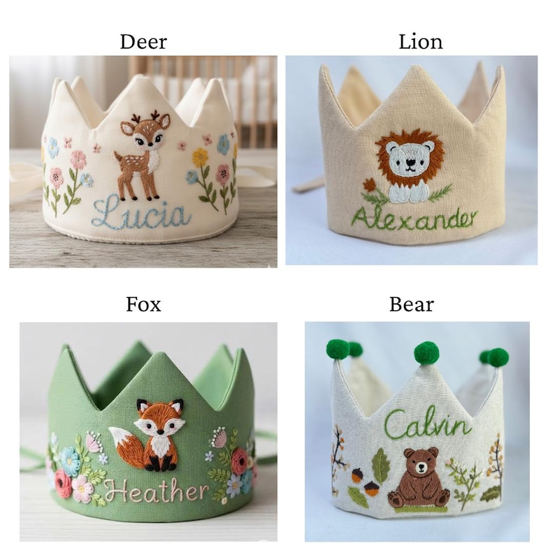 May include: Four embroidered fabric crowns with animal designs: a deer, a lion, a fox, and a bear. Each crown has a different color scheme and is personalized with a name. The deer crown is white with blue and pink flowers and the name "Lucia".