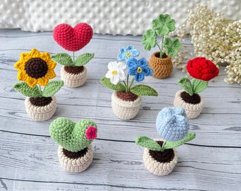 Mini Handmade Flower Pot, Buy 3 Get 1, Ready to Ship,Crochet Flower In The Pot,Crochet Heart,Handmade Knitted Flowers, Car decor,Table Decor