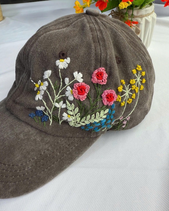 カスタム花柄手刺繍野球帽、バラ刺繍帽子、ウォッシュコットン帽子