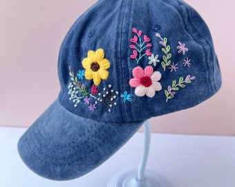 Custom Floral Hand Embroidered Baseball Cap, Flower Embroidered Hat, Wash Cotton Hat, Personalized Denim Cap, Women Hat, Summer Hat