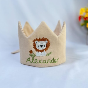 Corona in lino ricamata a mano personalizzata con simpatico animale, corona per compleanno di neonati, corvo per bambini, regalo personalizzato, regalo per il primo compleanno, corona con nome