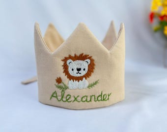 Aangepaste handgeborduurde linnen kroon met schattig dier, kroon babyverjaardag, kinderkraai, gepersonaliseerd cadeau, eerste verjaardagscadeau, naamkroon