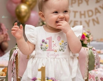 Lindo vestido de lino con estampado de ganso para el primer cumpleaños, vestido de lino suave para niñas bordado a mano, vestido para niñas pequeñas, ropa infantil floral, vestido para bebé, conjunto de cumpleaños