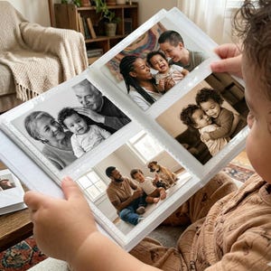 Puede incluir: Un &aacute;lbum de fotos blanco con varias fotos familiares. El &aacute;lbum est&aacute; abierto, mostrando varias instant&aacute;neas de personas, incluido un beb&eacute; y un perro. Las fotos son en color y en blanco y negro.