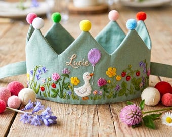 Custom Hand Embroidered Linen Crown, Baby Birthday Crown, Kids Crow, Personalized Gift, First Birthday Gift, Flower And Name Crowns