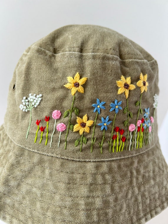Custom Hand Embroidery Floral Bucket Hat, Daisy Bucket, Wash