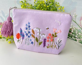 Personalized Hand Embroidered Cosmetic Bag, Flower Pouch, Linen Bag, Handmade Makeup Bag, Bridesmaid Gift,Linen Coin Purse,Embroidery Bag