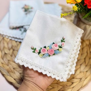 Custom Hand Embroidered Handkerchiefs, Personalized Linen Embroidered Handkerchief With Lace Edge, Wild Flower Handkerchief, Wedding Gift