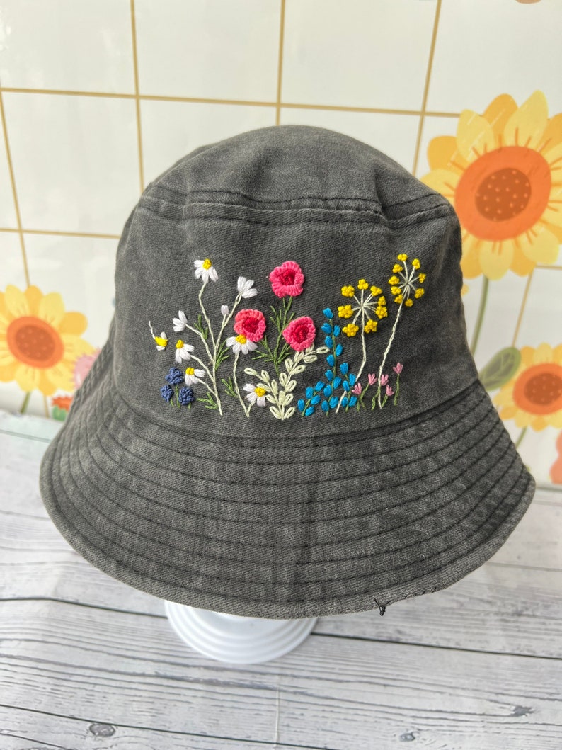 Custom Hand Embroidery Floral Bucket Hat, Daisy Embroidered Bucket, Wash Cotton Hat, Handmade Summer Hat, Hat For Women, Custom Bucket Hat image 10